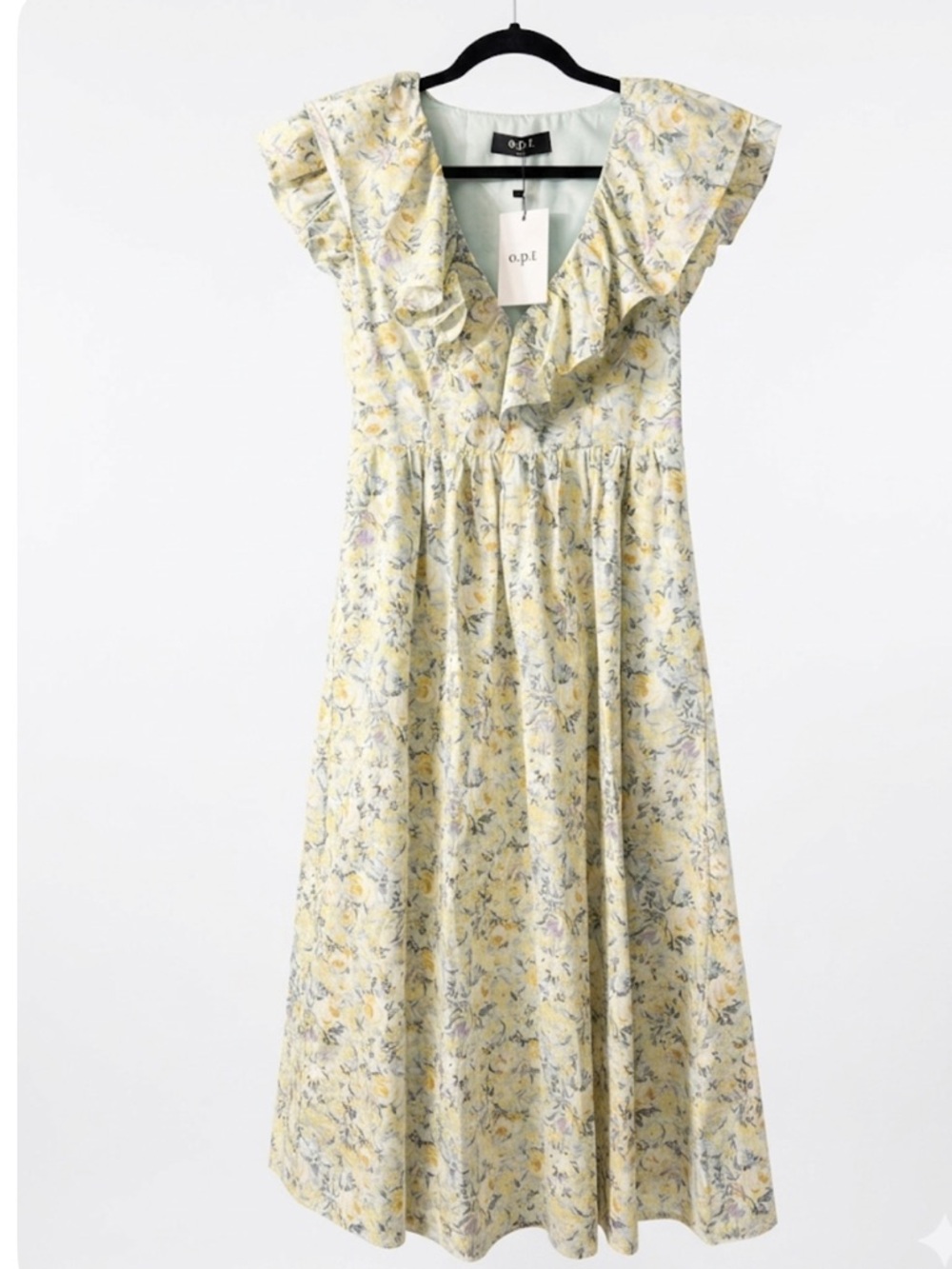 o.p.t.  Kate floral midi dress.  Ruffle Neckline. Garden Party. Yellow xs